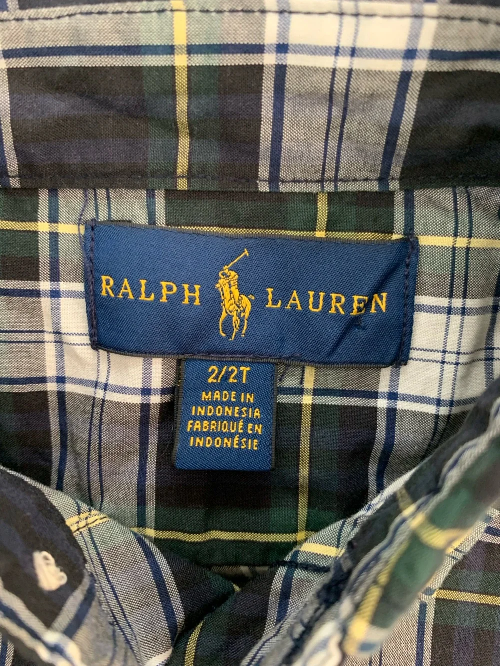 Ralph Lauren 2T Boys' Plaid Button-Down Shirt - Navy, Green & White Cotton